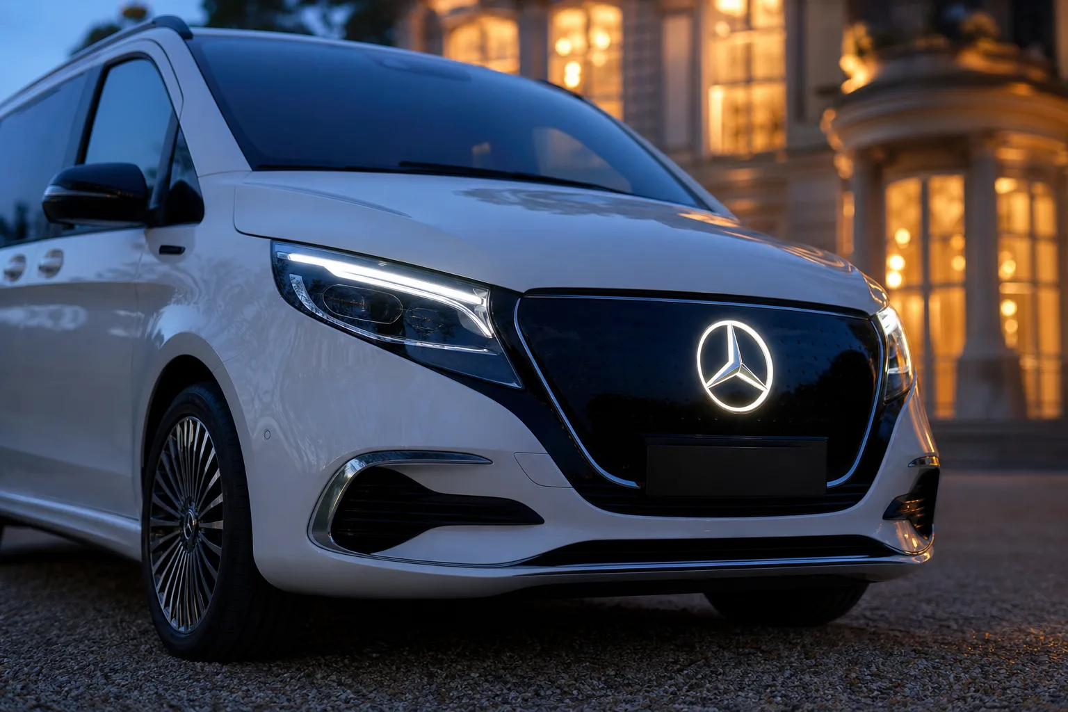 Weißer Mercedes EQV von Bayer Mobility vor einem modernen Anwesen am Abend