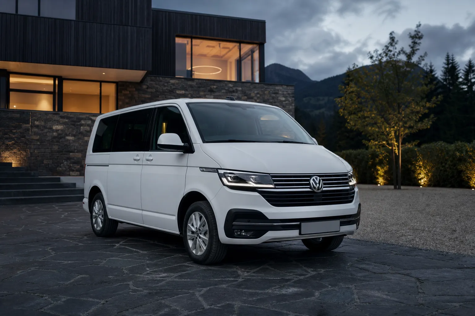 Weißer VW T-Bus von Bayer Mobility am Abend